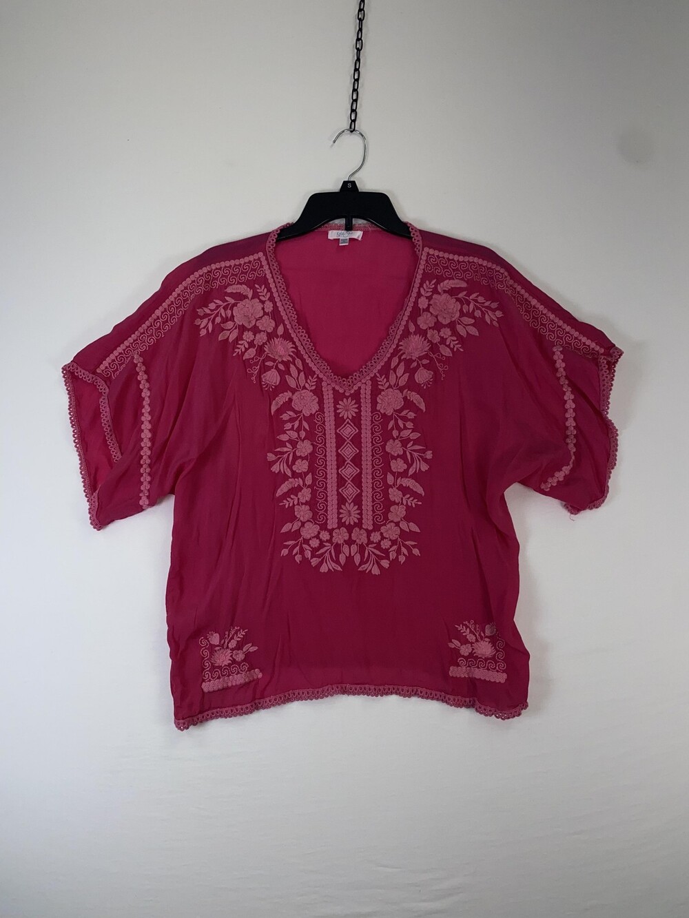 Kyla Seo Blouse Womens Small Pink Embroidered Boho Tunic Top Sheer Lightweight